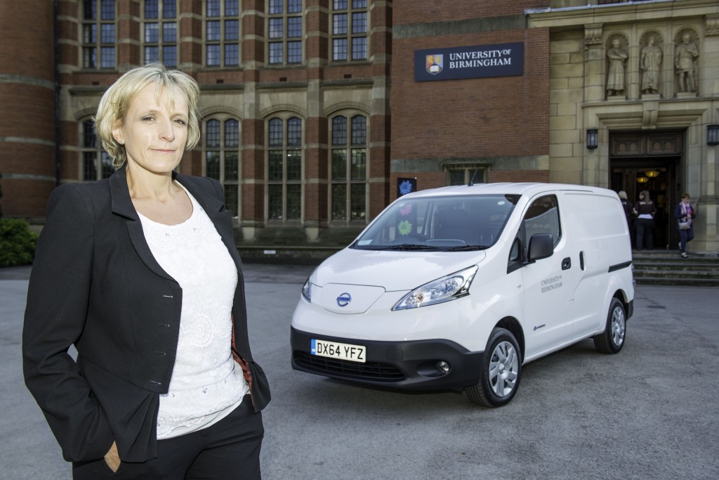 Monica Guise with the e-NV200 at the University of Birmingham 