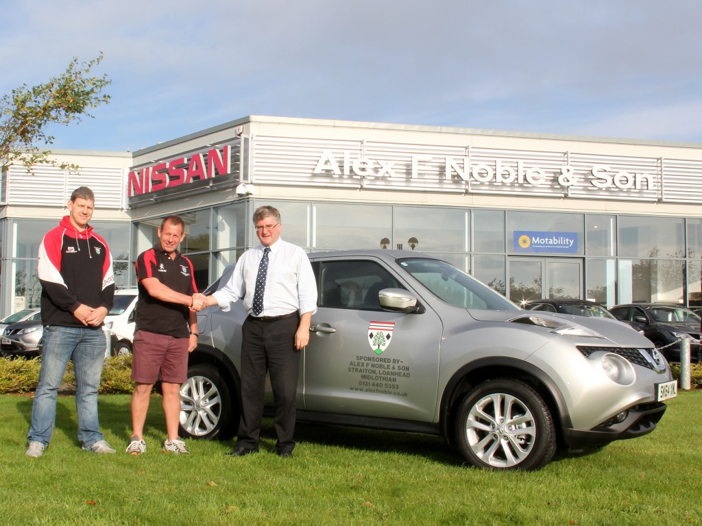 The Nissan Juke is handed over to Lasswade RFC at the Alex F Noble and Son Nissan dealership. From left: Lasswade RFC coach/player Bernie Hennessy, club president Ian Barr and Alex F Noble and Son Dealer Principal David Noble