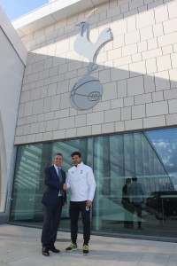 Fraser Cohen, Managing Director of Glyn Hopkin Ltd, left, with Spurs Manager Mauricio Pochettino outside the ground