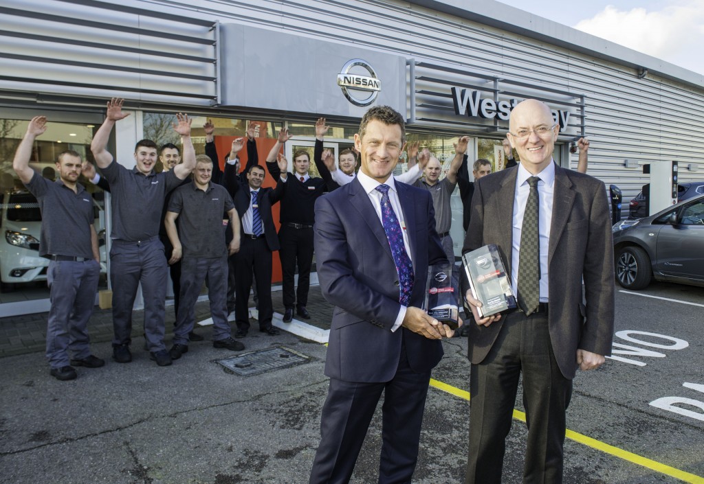 West Way Aldershot Dealer Principal, Terry Hancock (left), and James Wright, Managing Director of Nissan Motor (GB), with the dealership’s two Nissan Global Awards.