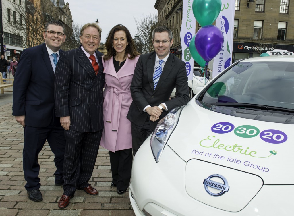 Celebrating the launch of 203020 Electric’s new fleet of 100% electric Nissan taxis are (from left) Neil Gellatly, Head of Transport at Dundee City Council, David Young, owner of 203020 Electric, Karen Hendry, Nissan’s Corporate Sales Manager for Scotland, and Derek Mackay MSP, the Scottish Government’s Minister for Transport and the Islands.