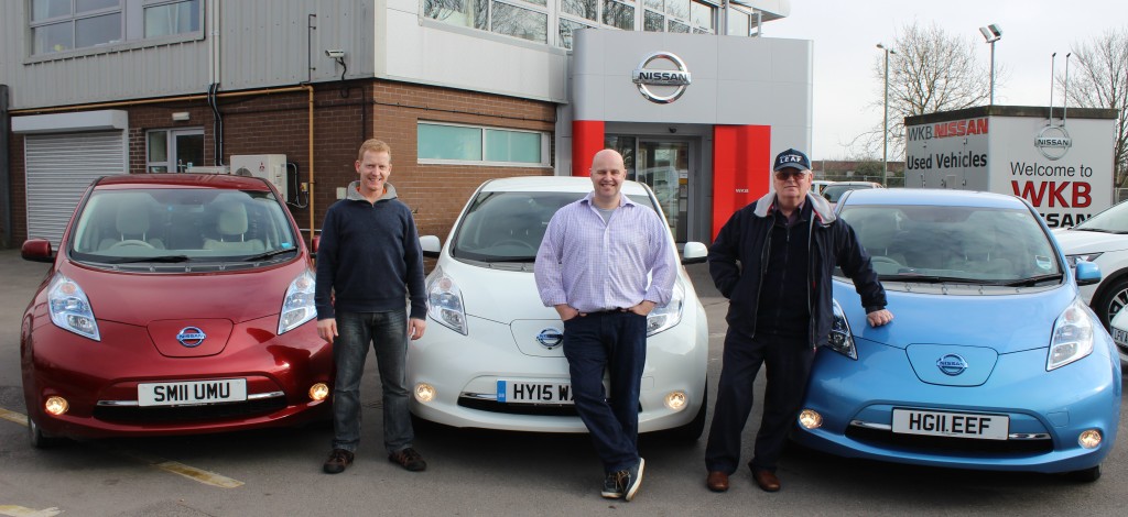 From left to right, Nissan LEAF owners Andy Kimber, 50, from Bournemouth; Grant Thomas 43, from Emsworth; and Bob Mingay, 74, from Portchester at WKB Nissan in Waterlooville
