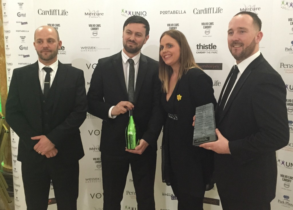 From left, Wessex Garages members of staff Simon Billings, Used Car Manager, Gareth Howells, General Manager, Claire Gould, Service Advisor and Richard Mapley, New Car Manager celebrate winning the car dealer award at the Cardiff Life Awards for the second year running.