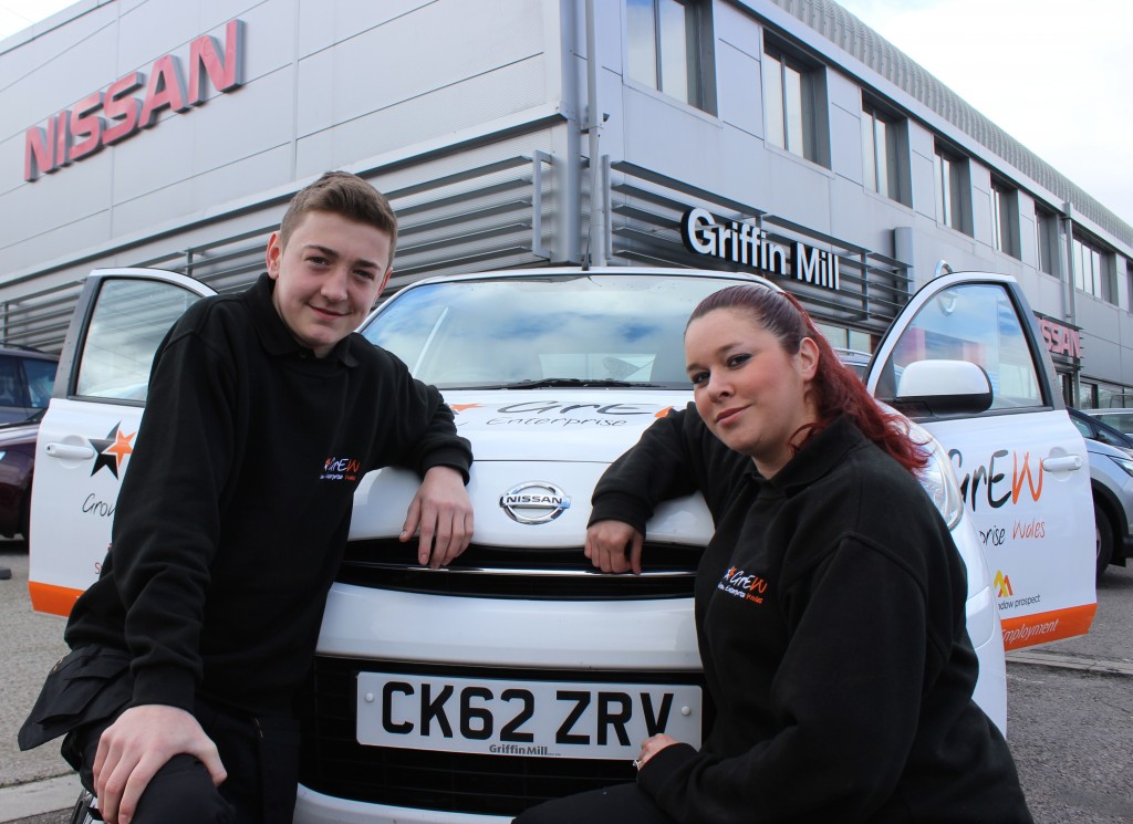Callum Bethell and Claire Phillips with the Nissan Micra they are learning to drive in which has been loaned by Griffin Mill Nissan in Pontypridd