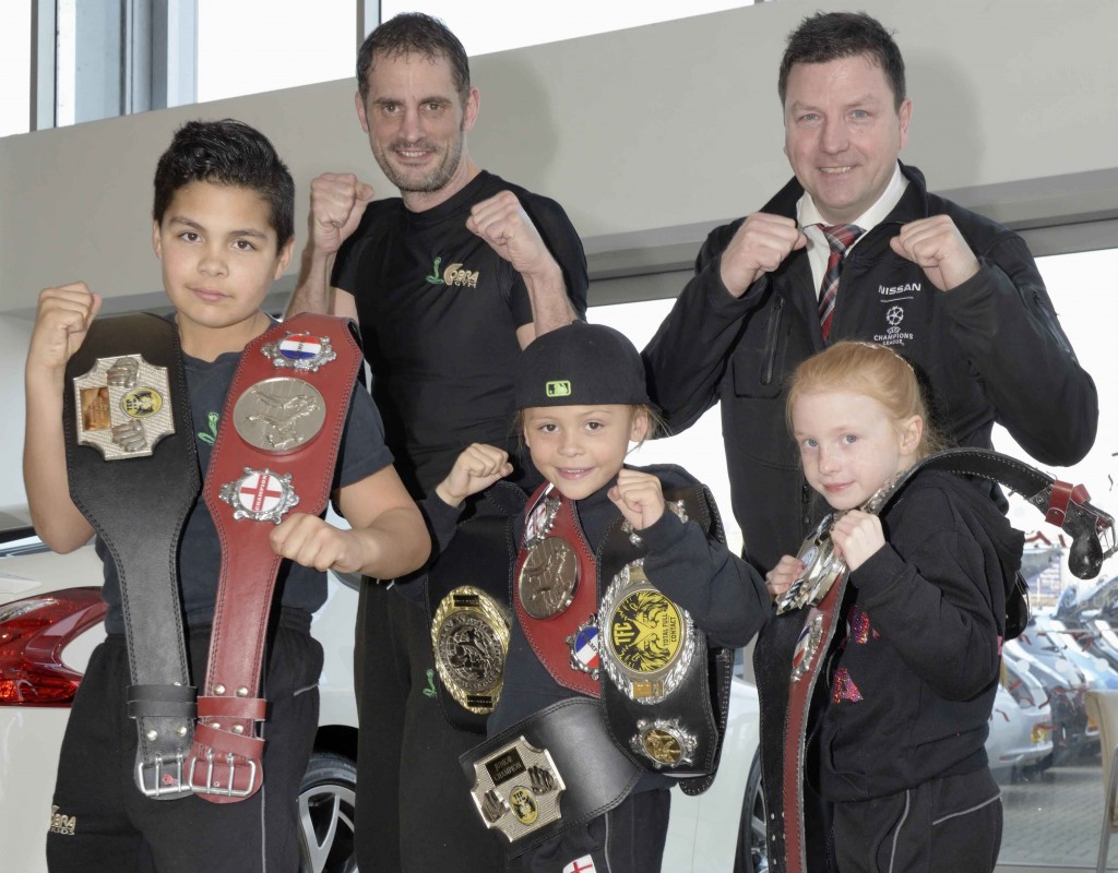 (Back from left to right) Neil Walker, Owner of Cobra Kickboxing, Terry Thurgood, General Manager of Wessex Garages with (front from left to right) 11-year-old, Harvey Mitchell, eight-year-old, Tiah Ayton and seven-year-old, Hollie-Rose Haskins, who are all from Bristol.