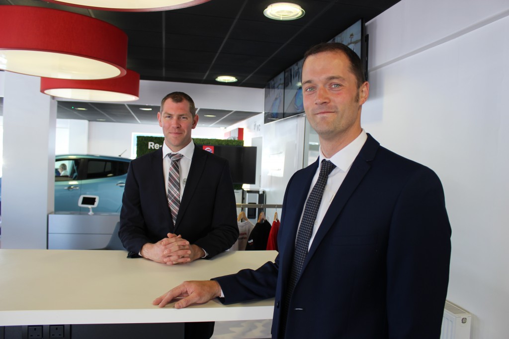 Aftersales Manager Ian Perry, left, with Senior Sales Manager, Adam May, at the new-look Barnstaple Nissan dealership which has undergone a major revamp