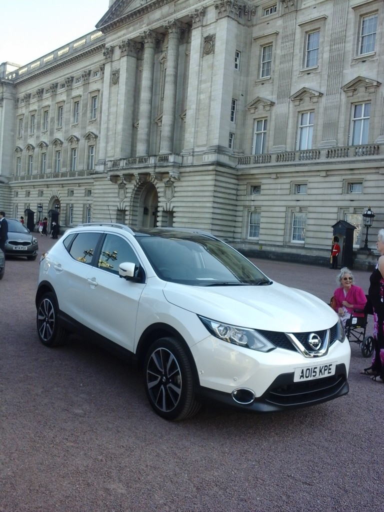 The Nissan Qashqai donated to Halsey House for the day by Crayford and Abbs Nissan in Holt so residents could attend tea at Buckingham Palace