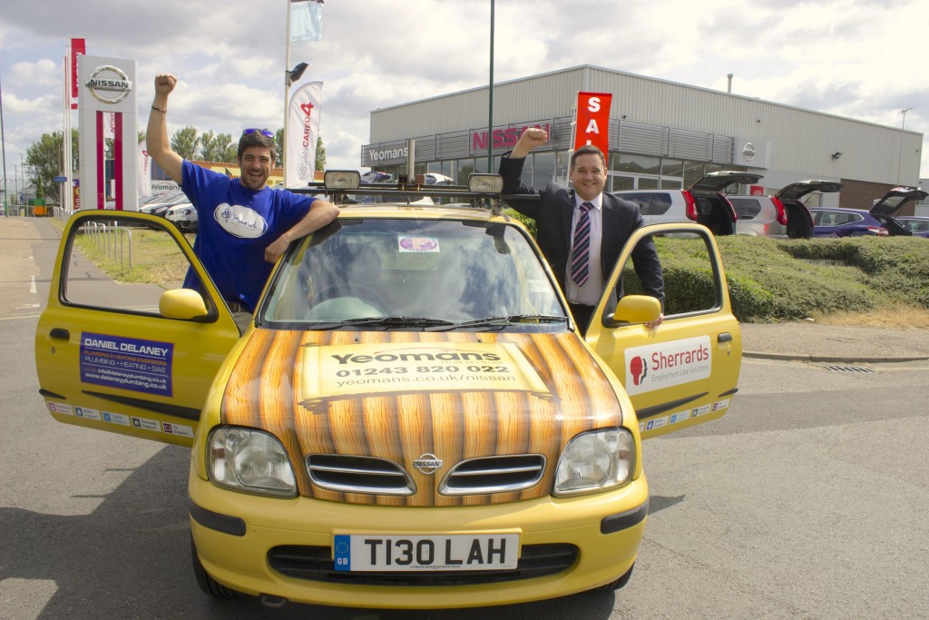 1.Steve Lilley with the yellow Nissan Micra donated by Richard Taylor, Sales Manager at Yeomans Nissan Bognor Regis