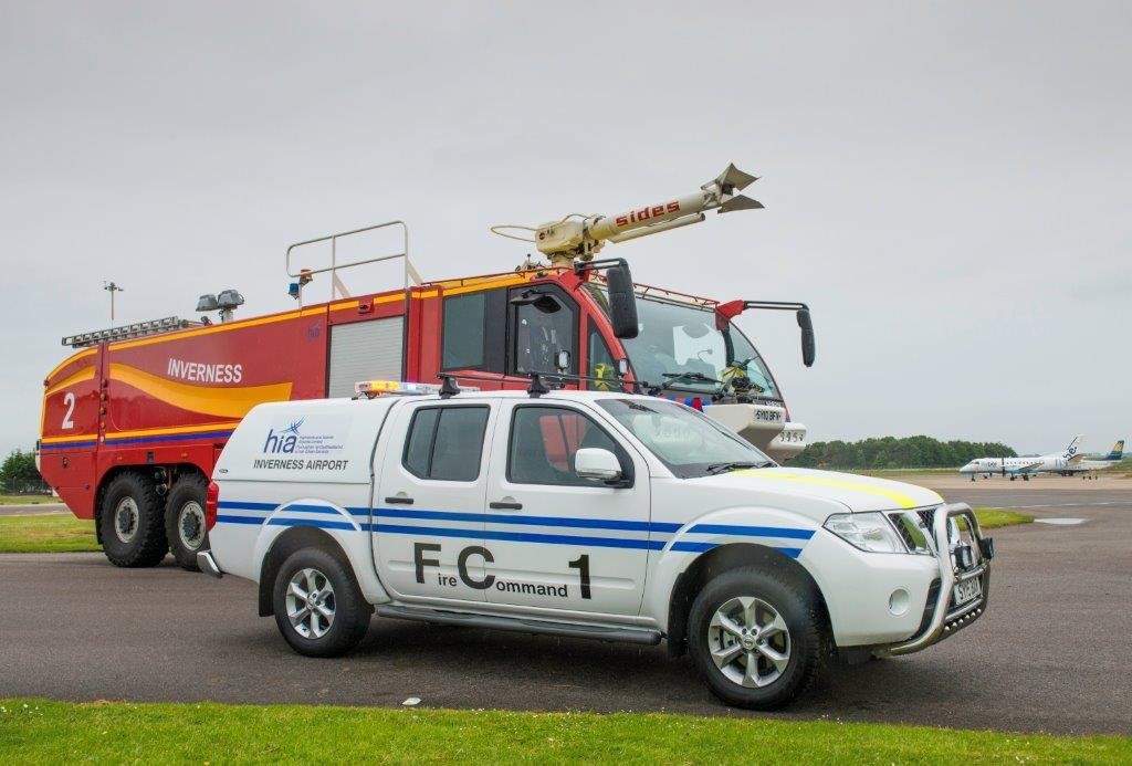Highlands and Islands Airports’ new Nissan Navara fire command vehicle with Inverness Airport’s 32-tonne airside fire appliance.