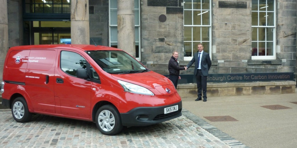 Jim Rowan, EV specialist at Alex F Noble & Son Nissan (left) and David Brook, operations manager at the University of Edinburgh’s Estate Department with one of the three e-NV200 all-electric vans