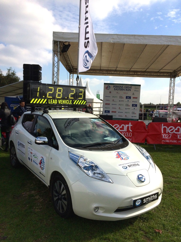 A Nissan LEAF, donated by Smiths Nissan in Peterborough, was the lead race vehicle for the Great Eastern Run. 