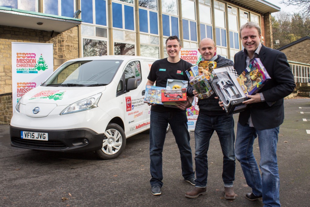 Allan Ogle, Cash for Kids Charity Manager; Producer James and Big John of the Hallam FM Breakfast Show with the Nissan e-NV200 