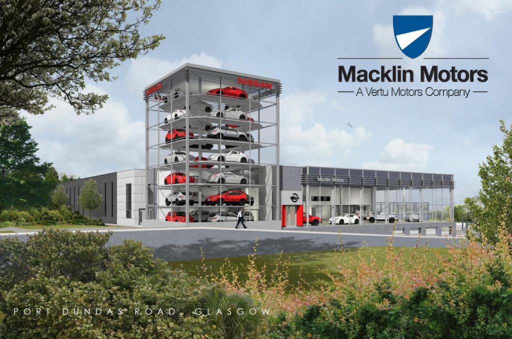 The eight-storey glass tower at the new £6 million Macklin Motors Nissan Glasgow 