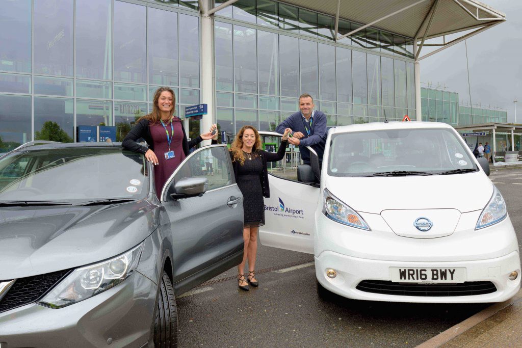 (From left to right) Lucinda Simeone, Engineering and Maintenance Administrator at Bristol Airport, Kate Hancock, Nissan Business Specialist at Wessex Garages, and Martin Fisher, Motor Transport Manager at Bristol Airport, with the Nissan e-NV200 Combi van and the Qashqai.