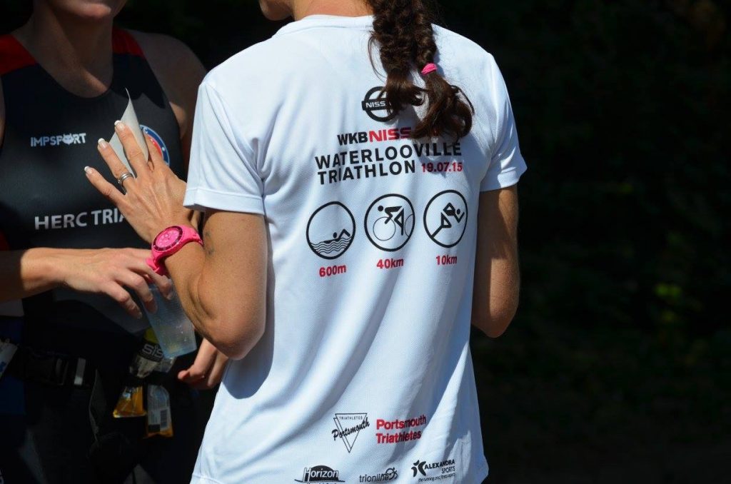 A competitor at last year's Waterlooville Triathlon with one of the customised t-shirts from WKB Nissan.