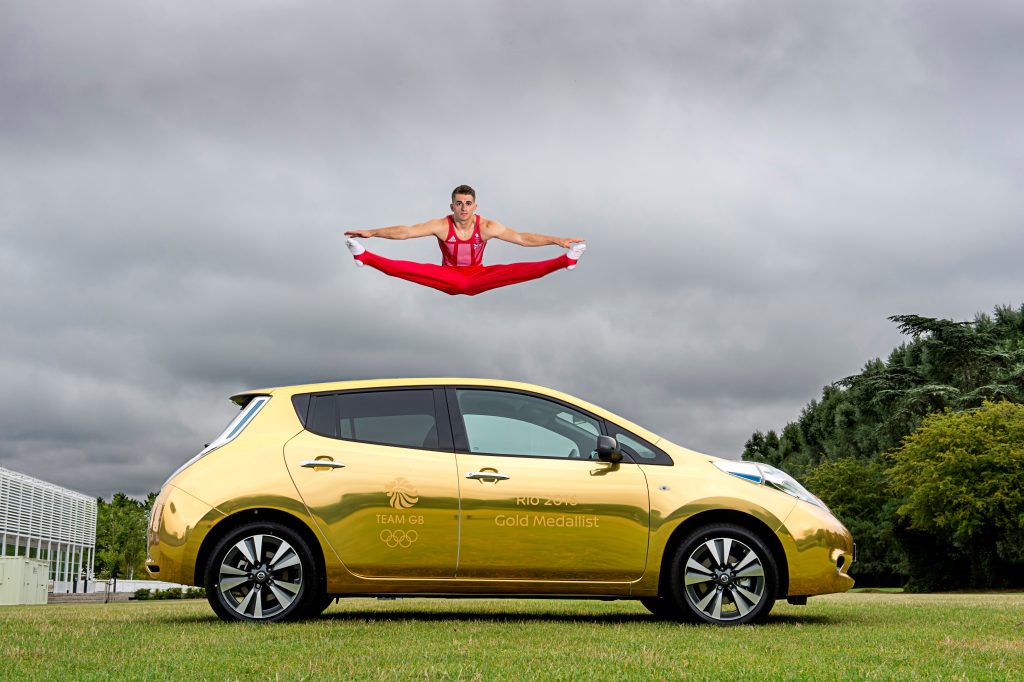 Max Whitlock jumps for joy at receiving his gold all-electric Nissan LEAF to celebrate his double gold medal success at the Rio 2016 Games