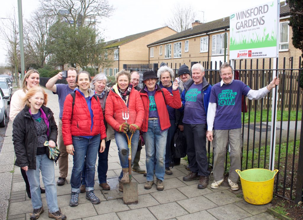 Members of the Penge Green Gym Community Group outside Winsford Gardens in Penge, with Ancaster Group Marketing Manager Carly Keeler, far left.