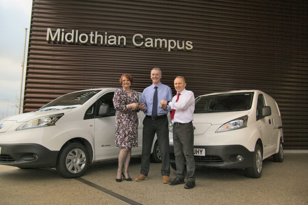 From left, Jim Rowan, EV specialist at Alex F Noble & Son, Ross Milligan, curriculum manager for Engineering at Edinburgh College and Judith Eadie, Automotive Leasing Account Director Scotland/Northern Ireland.