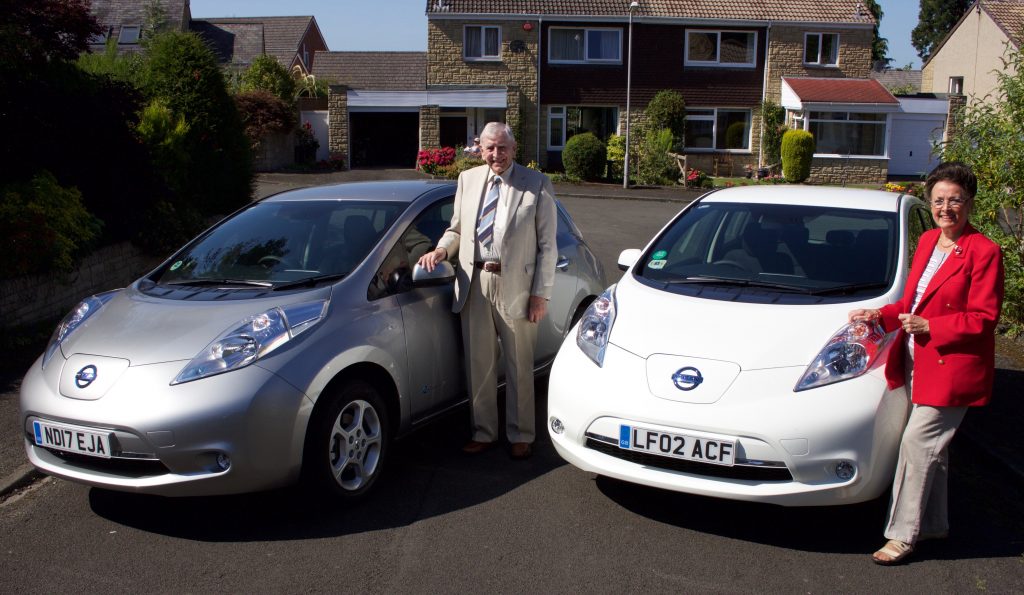 Left, John Hope, and Louisa Ferguson, right, with their new Nissan LEAFs from Wylam Garage.
